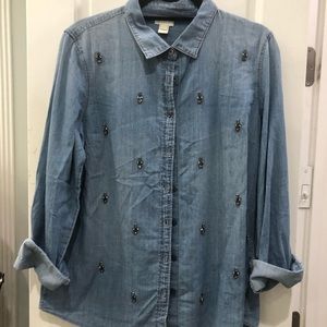 J CREW DENIM JEWELED LONG SLEEVE BUTTON DOWN SHIRT